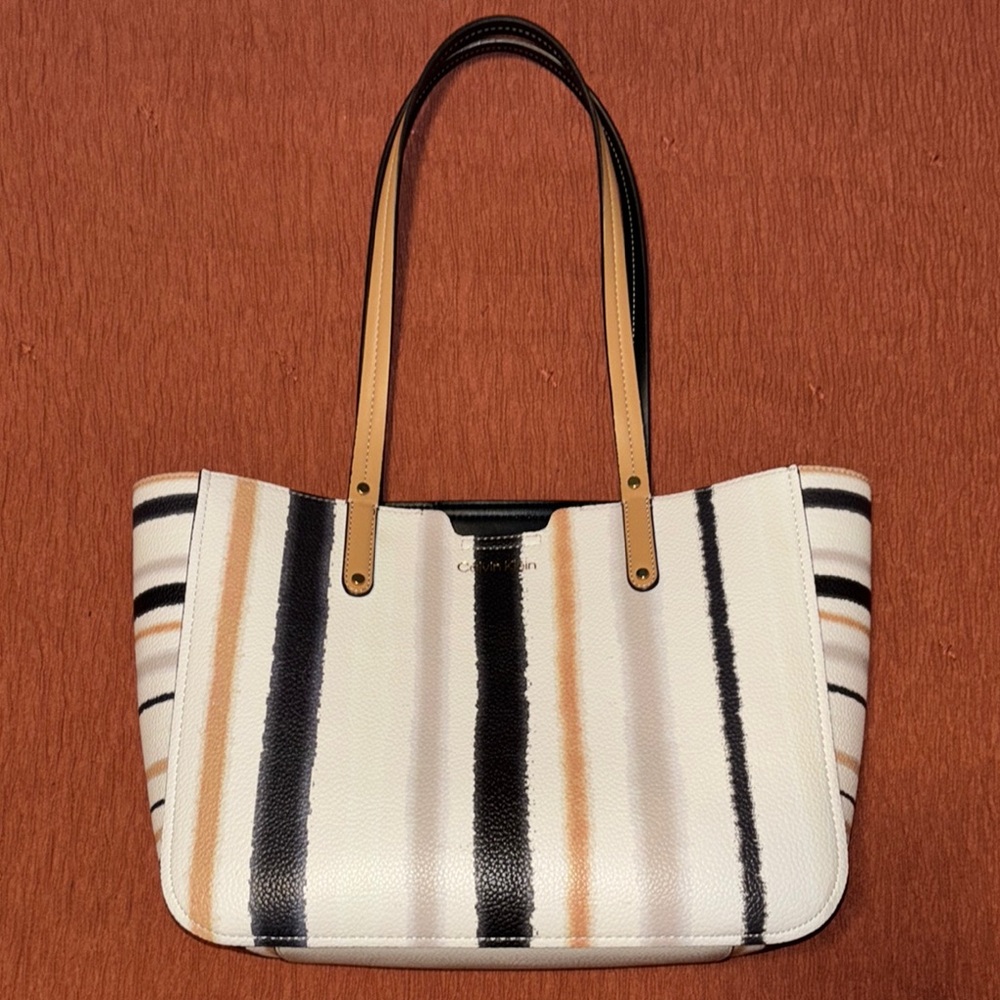 Calvin Klein Striped Tote Bag - Black, White, Tan